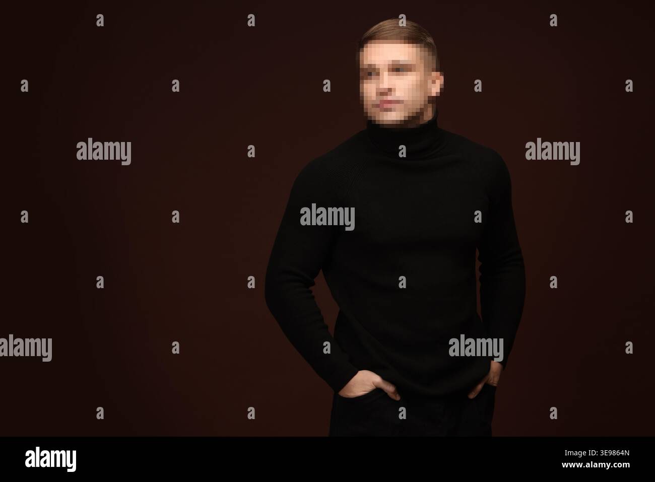 Anonymous man with pixelated face on dark brown background Stock Photo