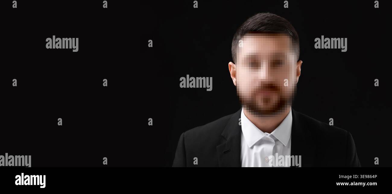 Anonymous man with pixelated face on black background Stock Photo