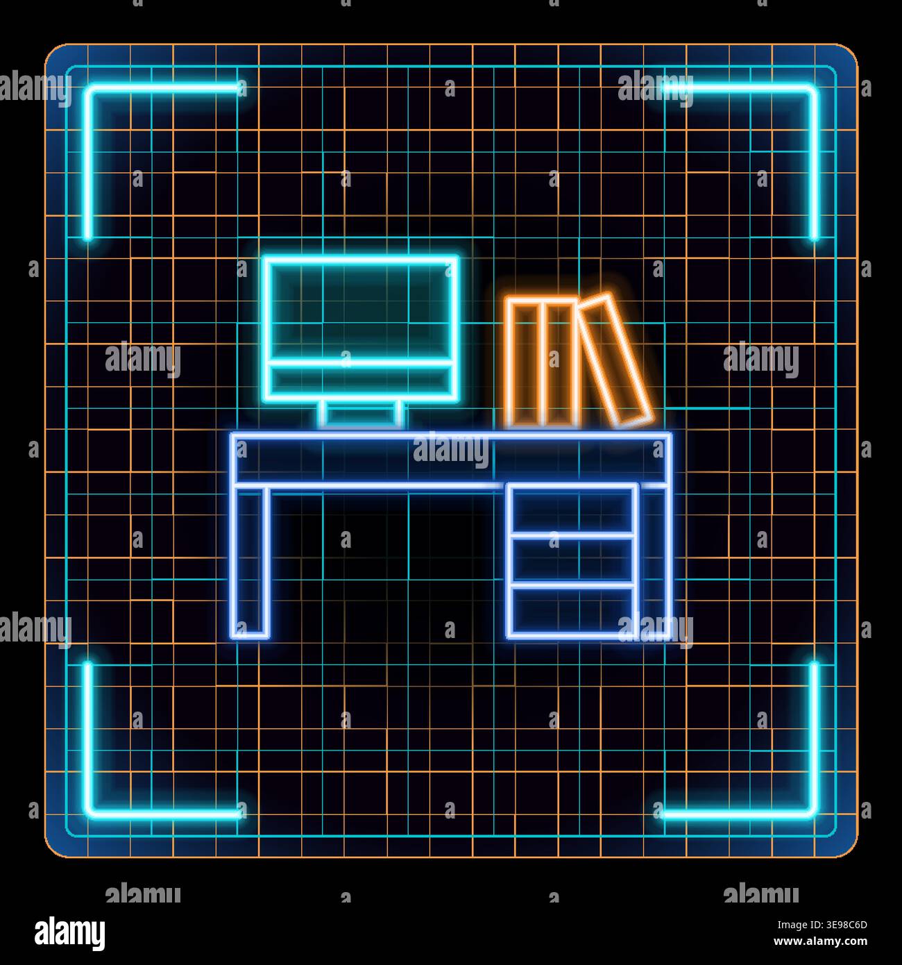 Desk with computer monitor icon, professional office workspace. Futuristic tech glowing neon illustration, editable strokes. Stock Vector