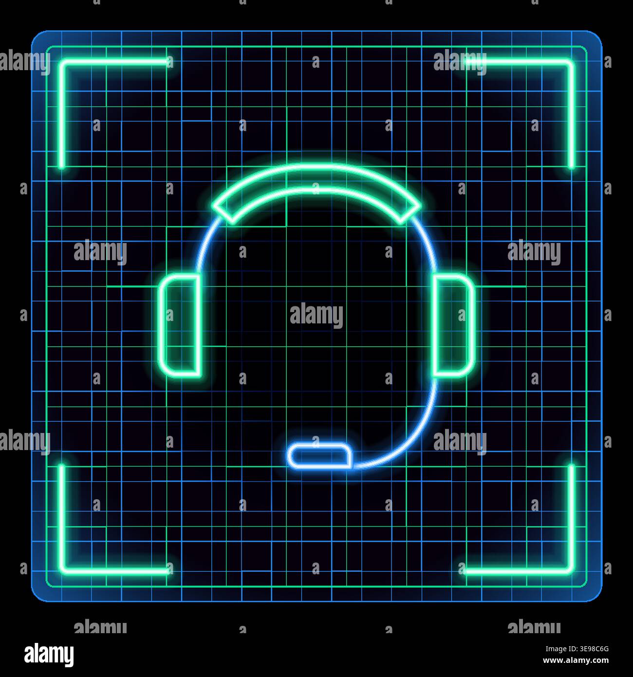 Headset icon, headphones and microphone, customer support device symbol. Glowing neon icon with border grid vector, editable strokes graphic style. Stock Vector