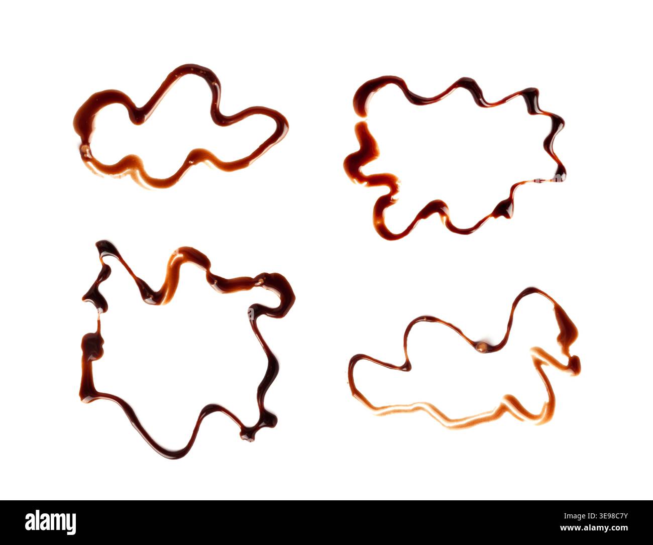 Chocolate Sauce Smear Isolated, Choco Sauce Drop, Cream Line, Melt Chocolate Drizzle, Cocoa Sauce Flat Stroke, Brown Syrup Decoration, Soy Sauce on Wh Stock Photo