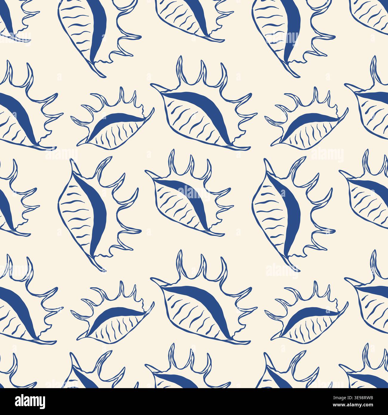 Blue seashell patterns float across a creamy background Stock Vector