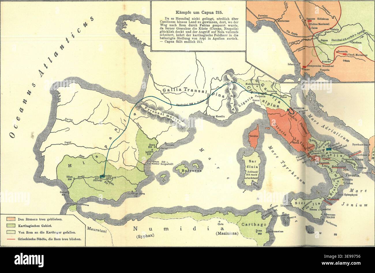 Eduard Rothert (1839–1916) produced an extensive map in his 1906 'Historischen Atlas,' covering the Second Punic War from 215–201 BCE, including key battles and political shifts between Rome and Carthage. Stock Photo
