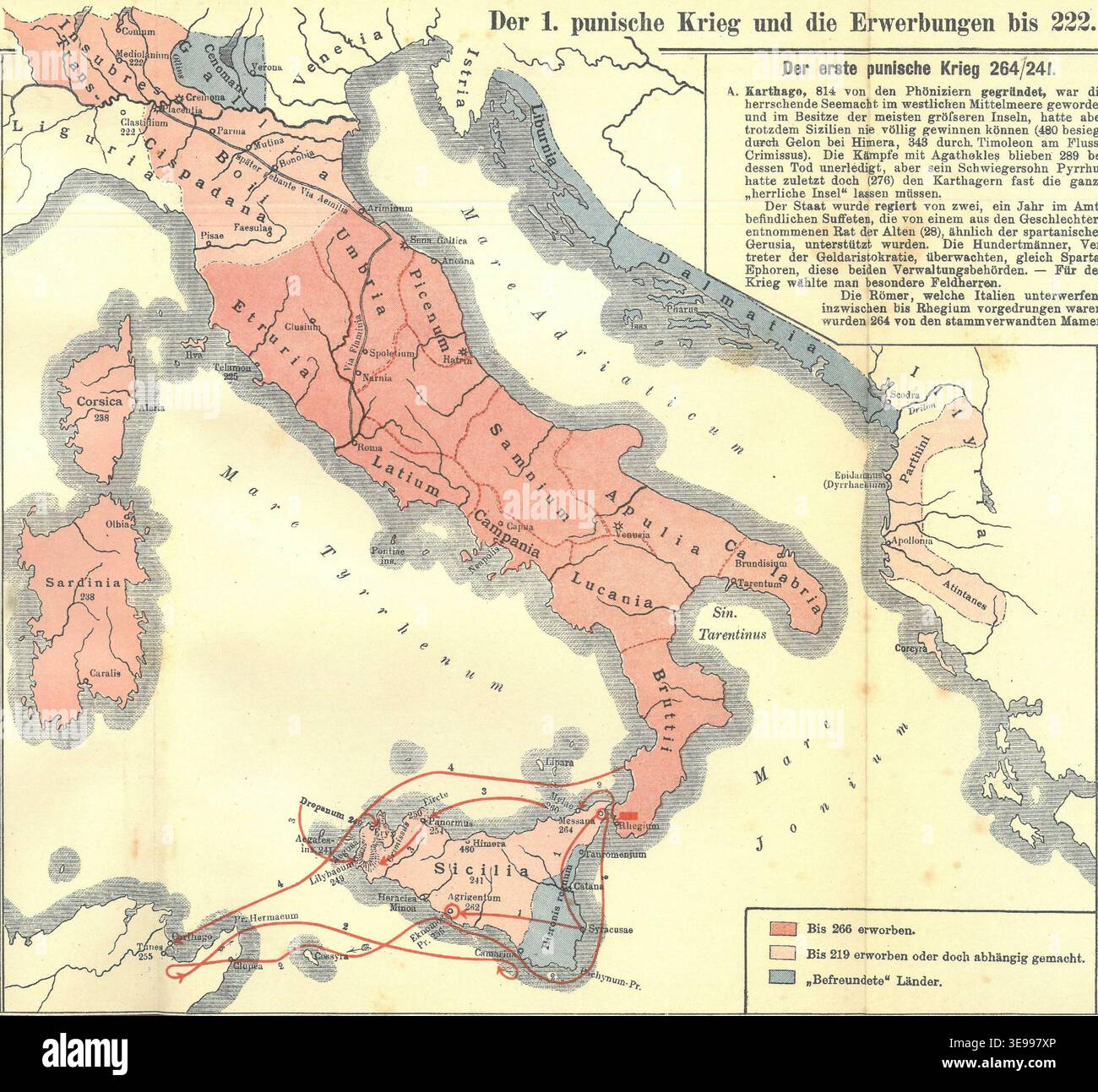 Eduard Rothert (1839–1916) was a German historian and cartographer, known for his contributions to historical maps. This archival scan from the 1906 'Historischen Atlas' illustrates the First Punic War between Rome and Carthage. Stock Photo