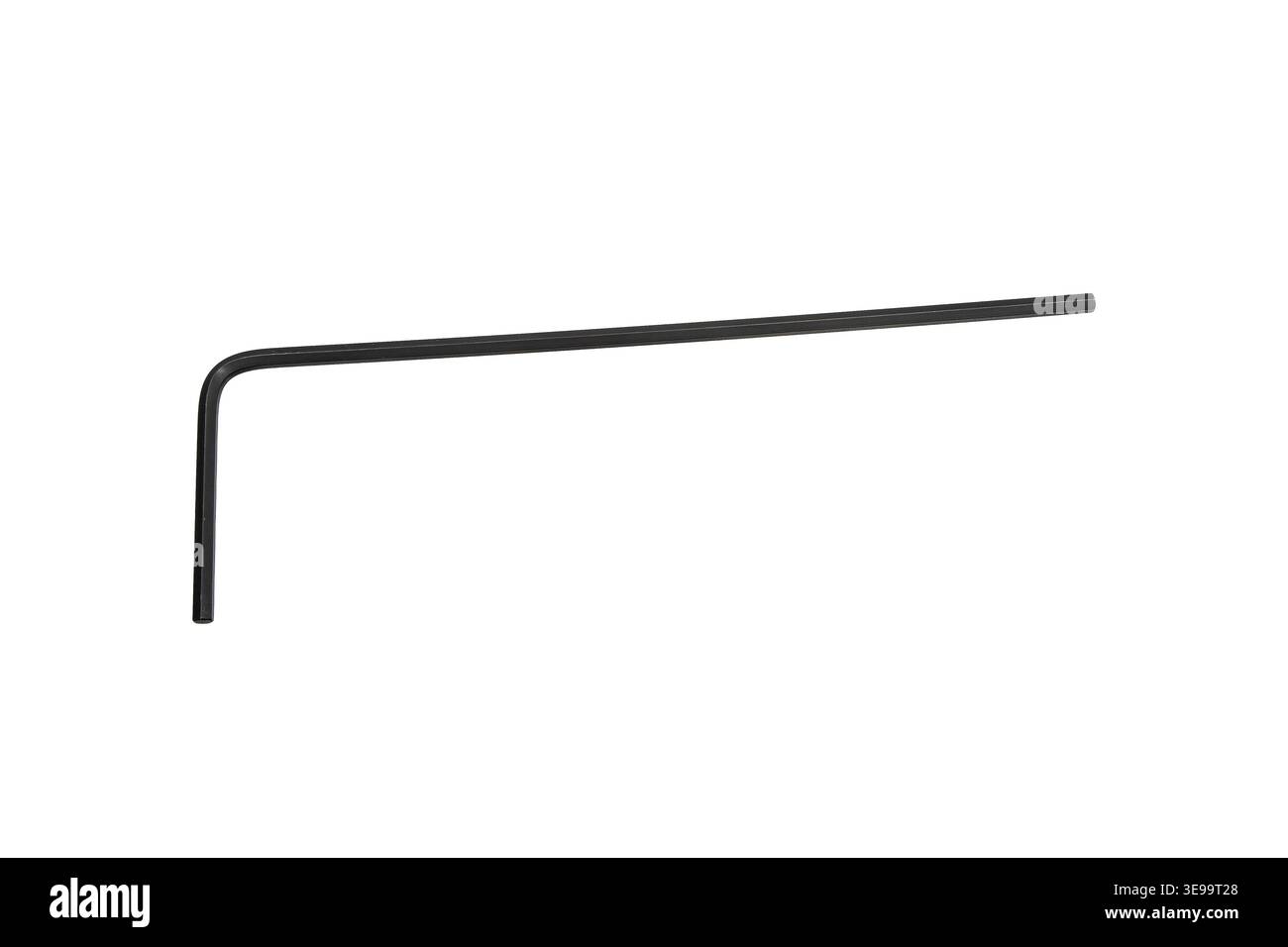 A single black L-shaped hex key wrench isolated on a solid white background. Stock Photo