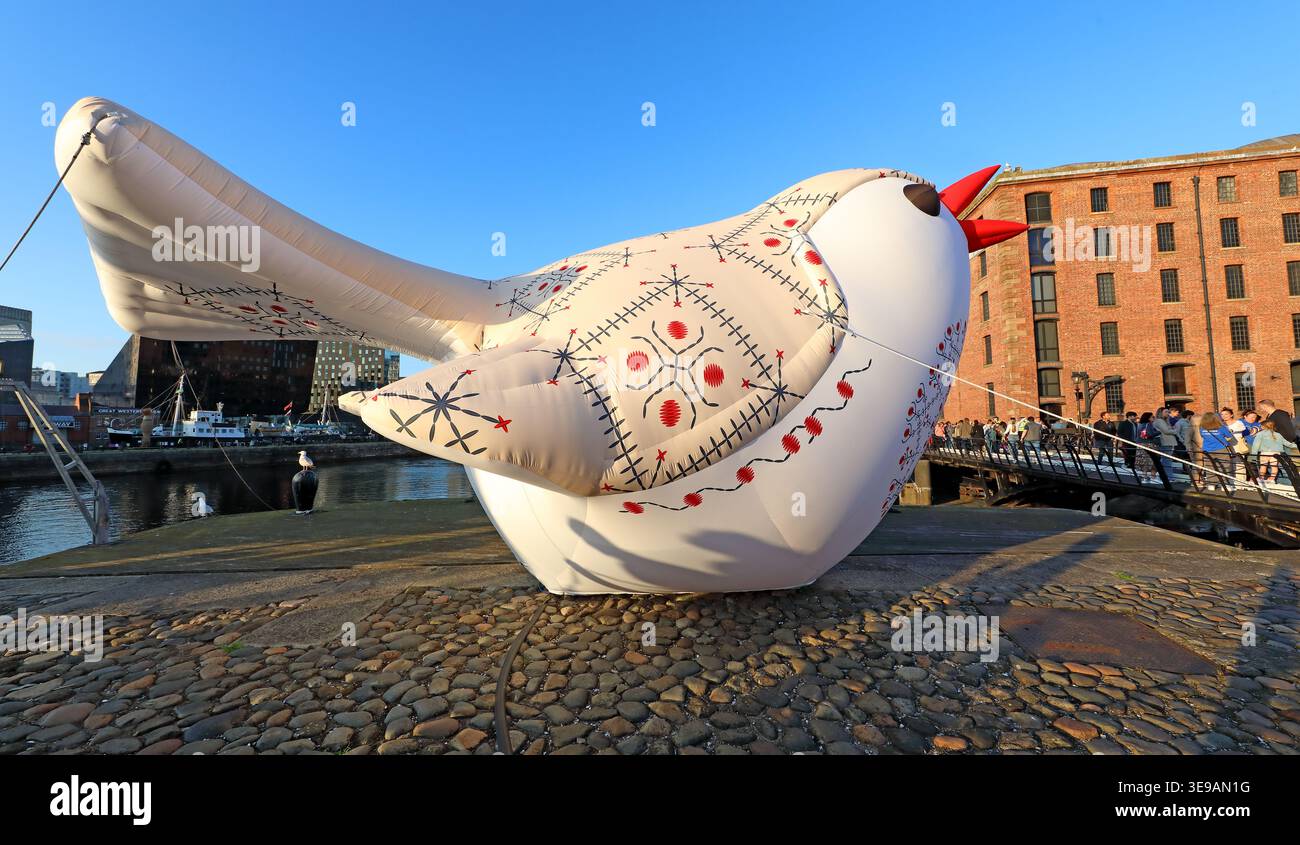 Liverpool Eurovision Soloveiko Songbird, a giant inflatable nightingale installation, England, UK. Stock Photo