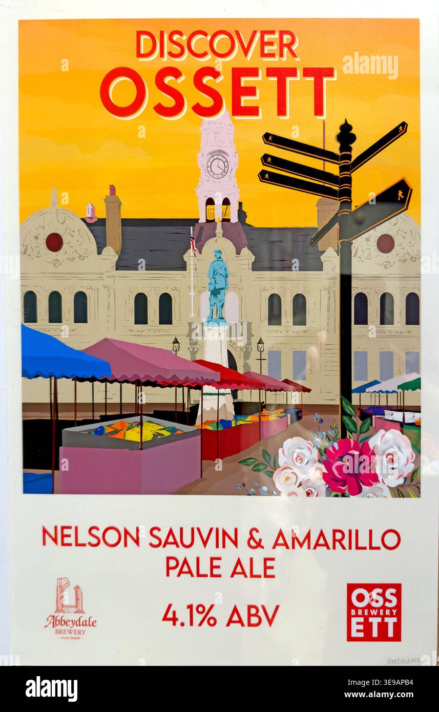 Discover Ossett Nelson Sauvin and Amarillo 4.1% pale ale artwork pump clip from Ossett Brewery and Abbeydale Brewery collaboration. Stock Photo