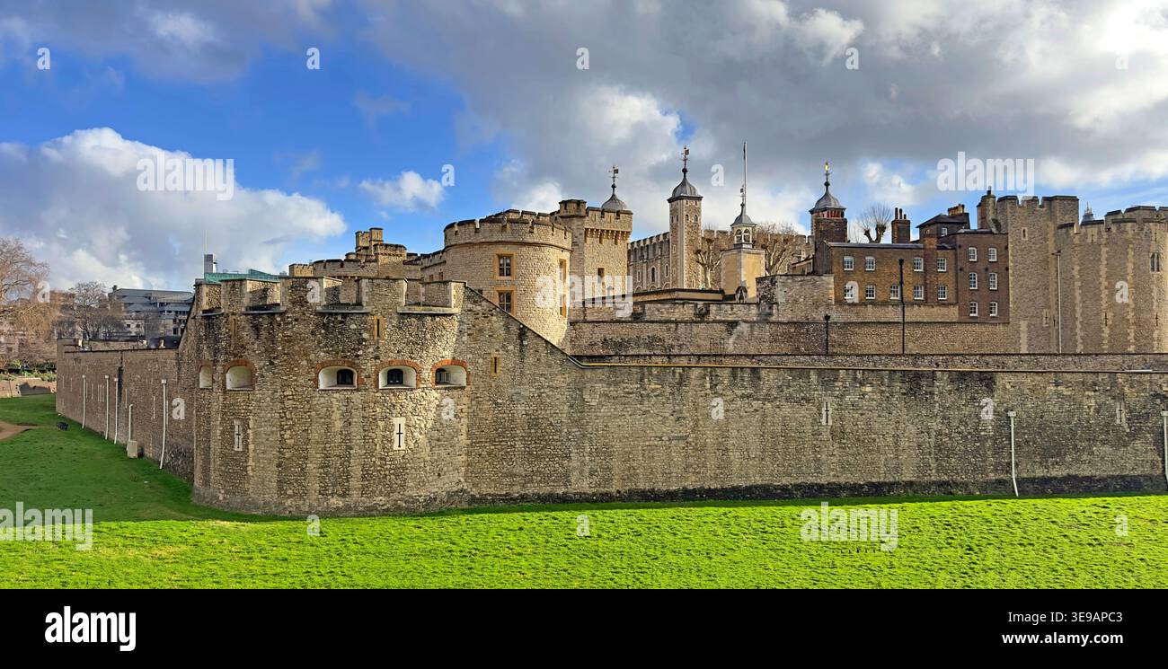 Tower of London seen from the City of London, showing the medieval walls, White Tower and historic royal fortress. Stock Photo