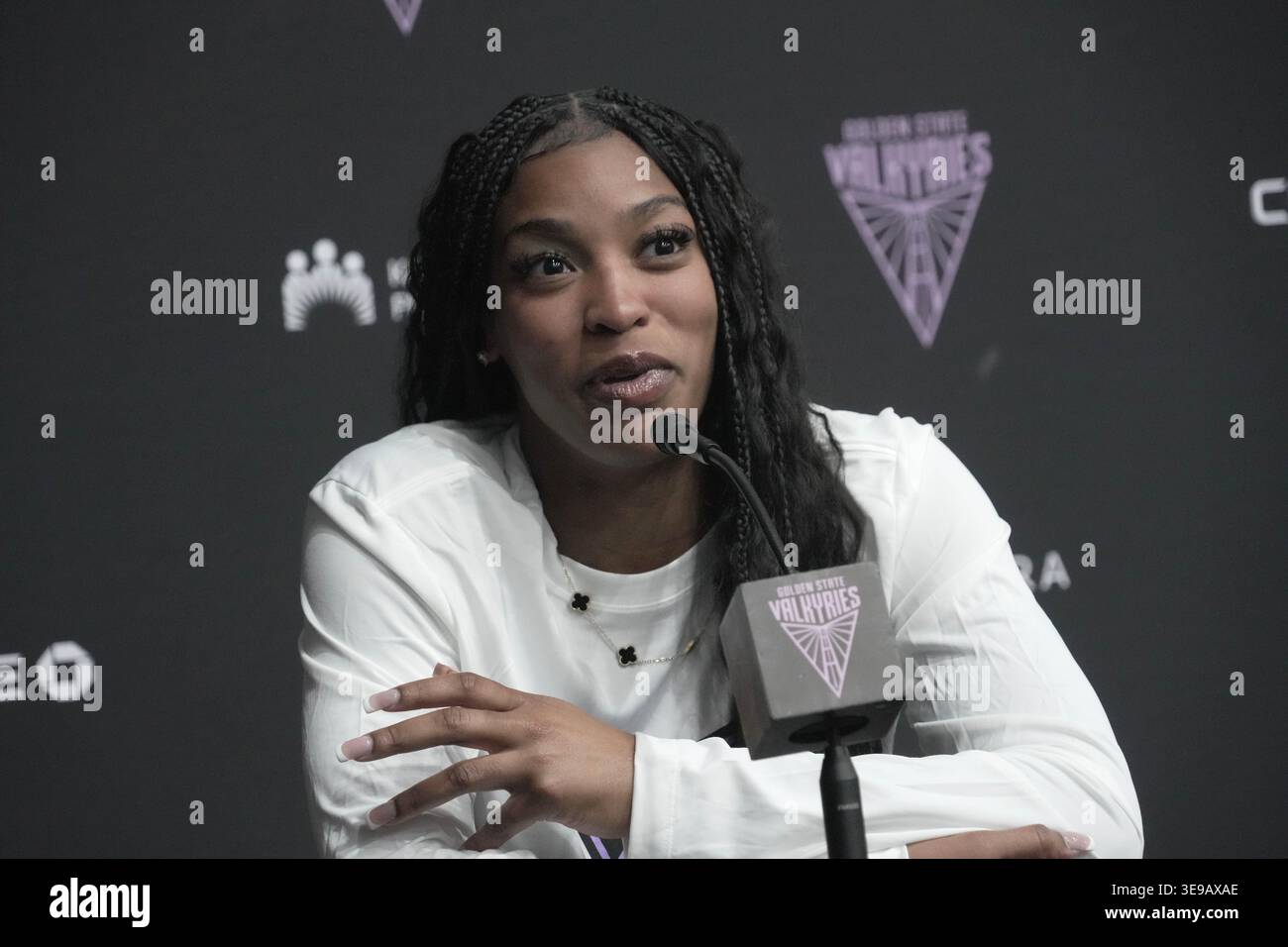 Ashlon Jackson #23 pick in the 2026 draft talking to the press during ...
