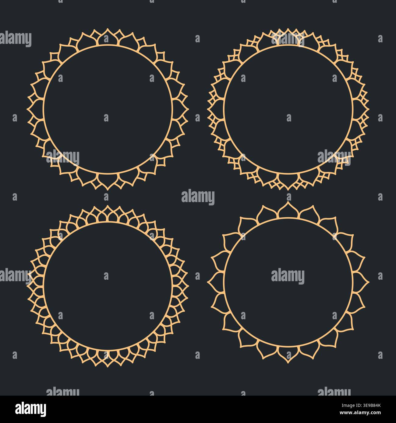 Elegant gold frames glow against deep black background. Each design features intricate, symmetrical patterns. Geometric shapes create a luxurious, sop Stock Vector