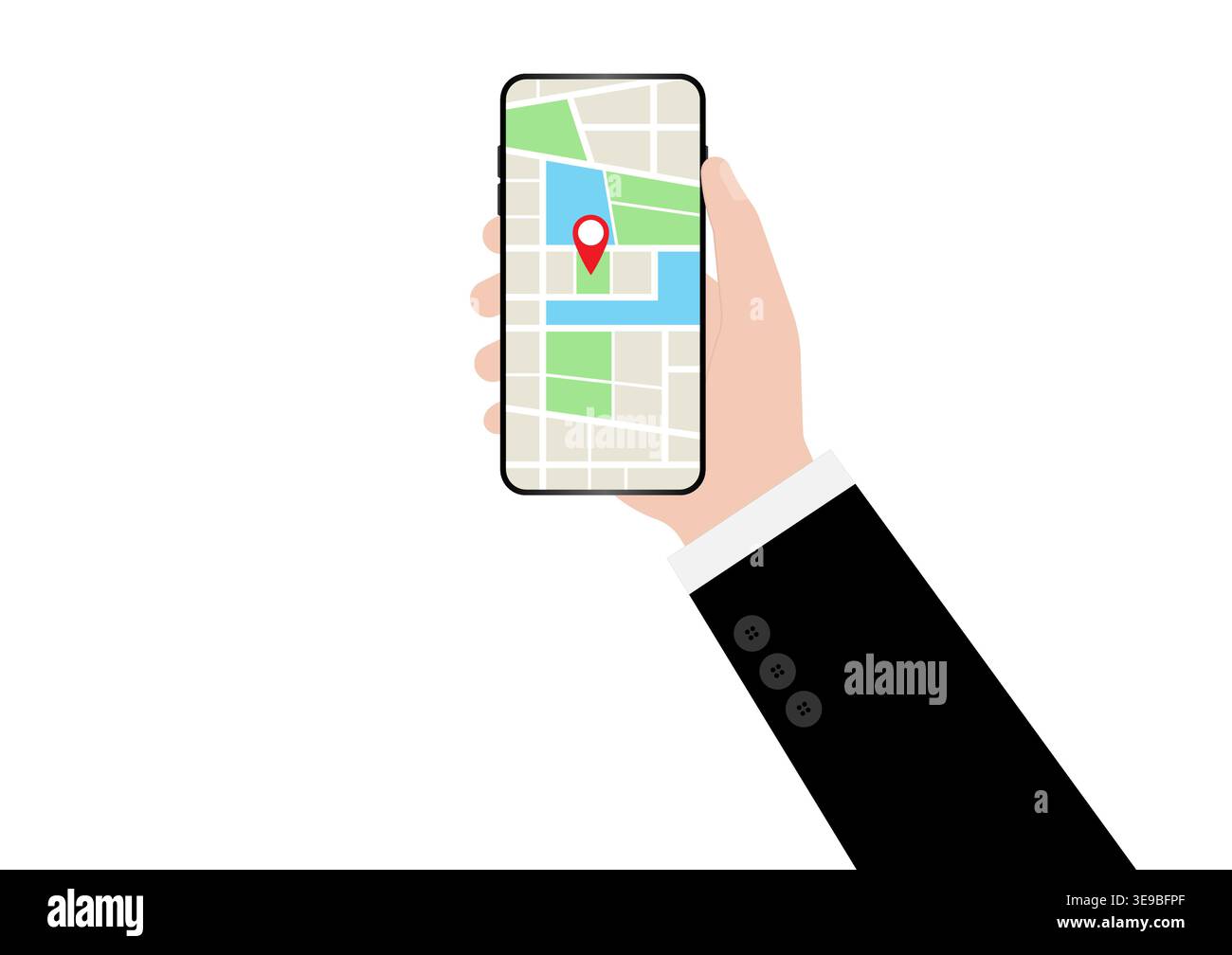 Hand Holding Smartphone with Map Navigation Application. Map GPS Navigation. Vector Illustration. Stock Vector