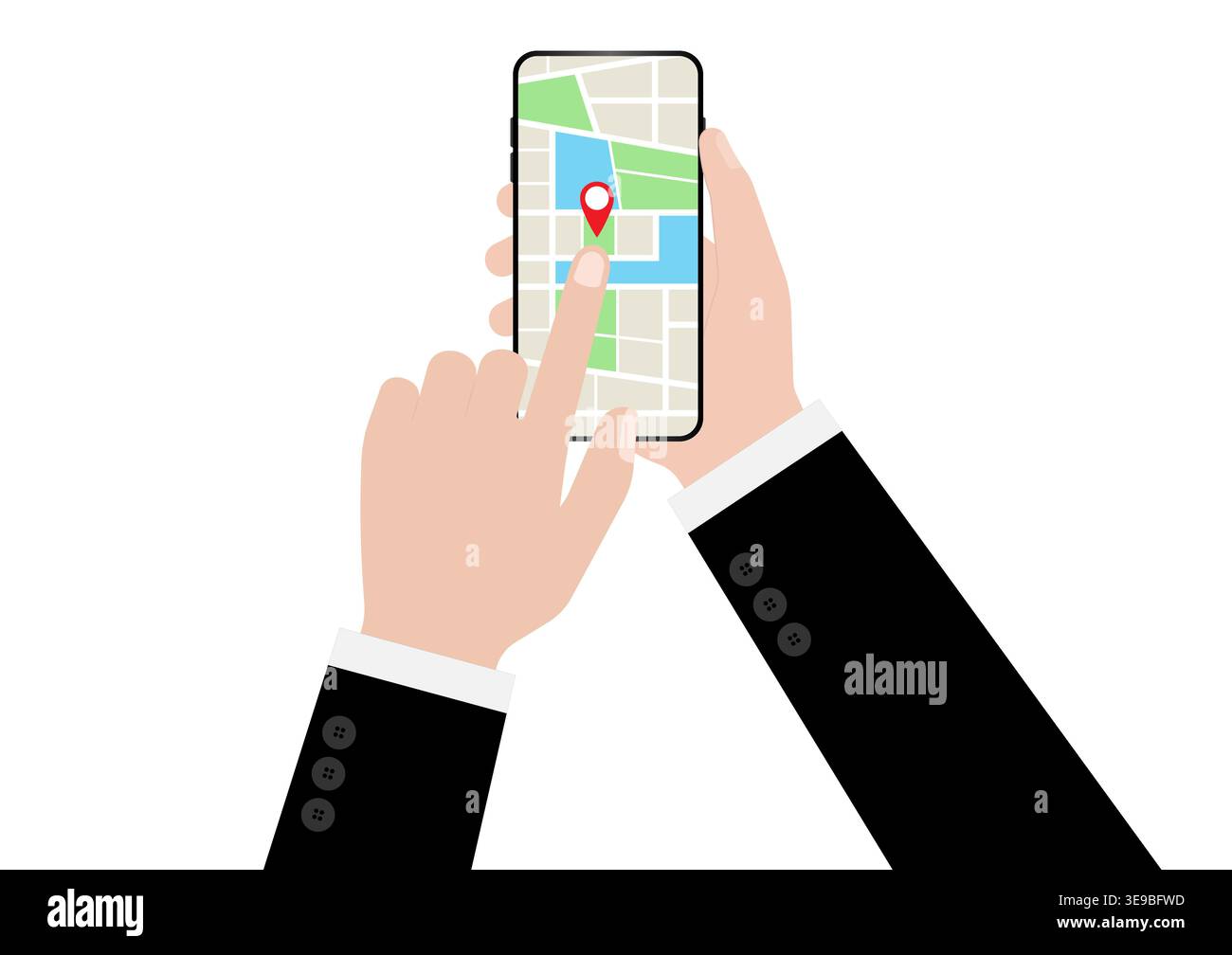 Hand Holding Smartphone with Map Navigation Application. Map GPS Navigation. Vector Illustration. Stock Vector