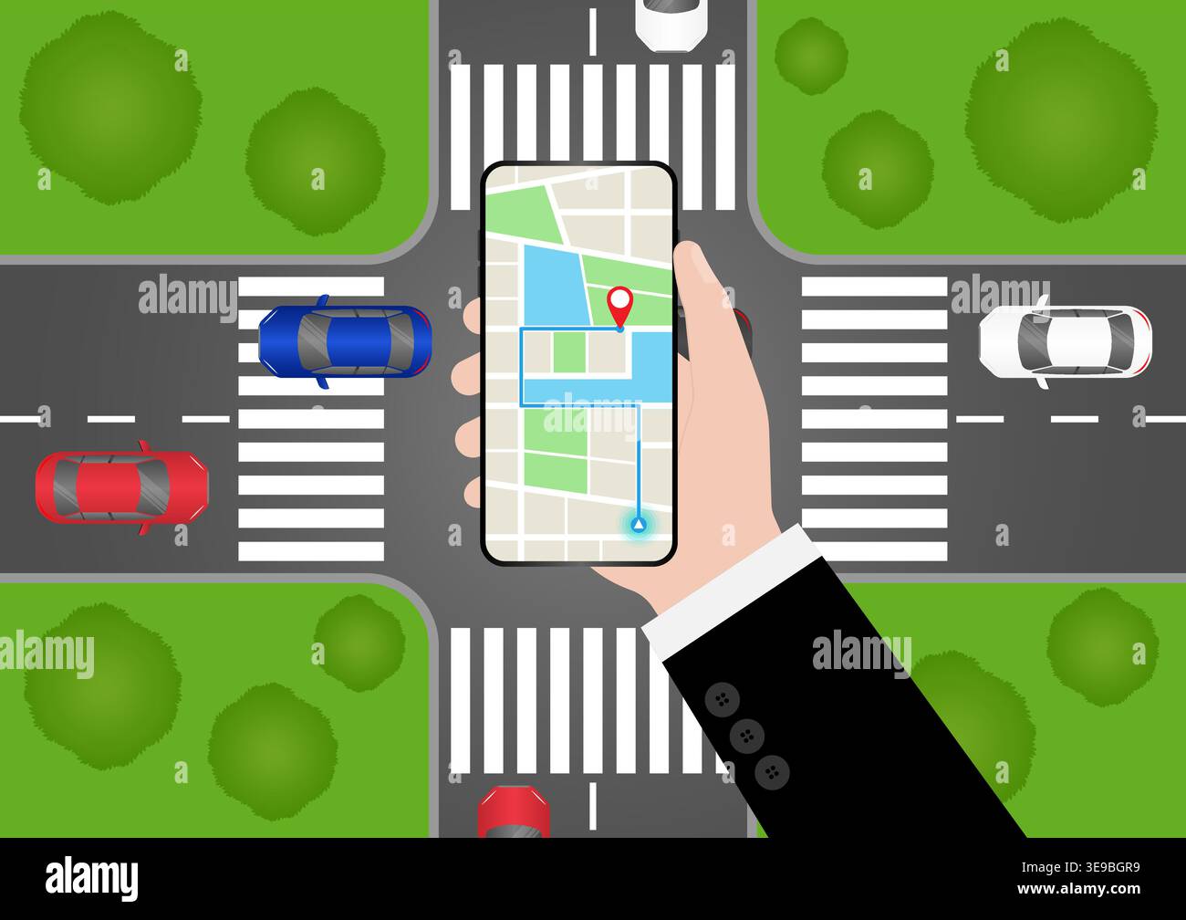 Hand Holding Smartphone with Map Navigation Application. Map GPS Navigation. Vector Illustration. Stock Vector