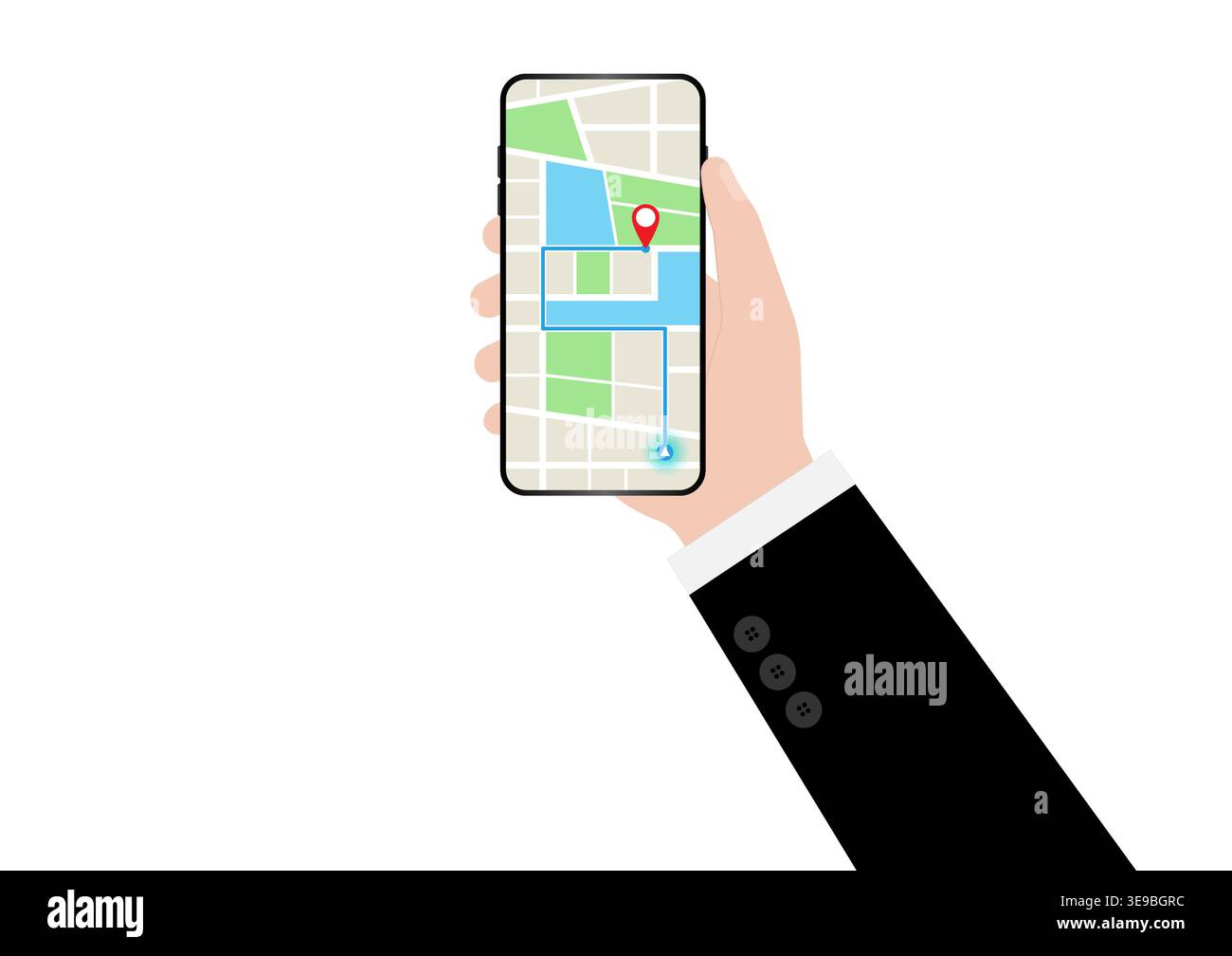 Hand Holding Smartphone with Map Navigation Application. Map GPS Navigation. Vector Illustration. Stock Vector
