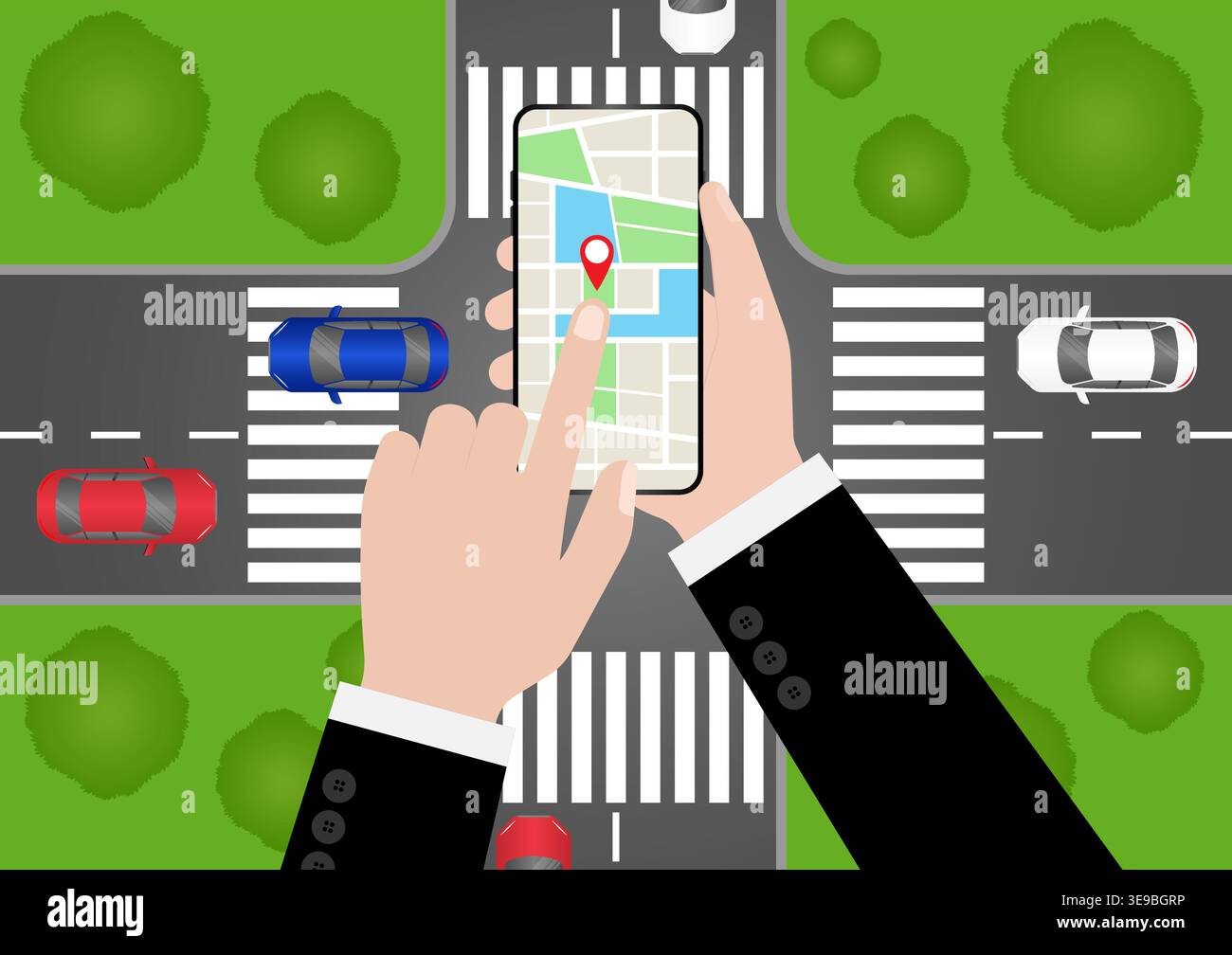Hand Holding Smartphone with Map Navigation Application. Map GPS Navigation. Vector Illustration. Stock Vector