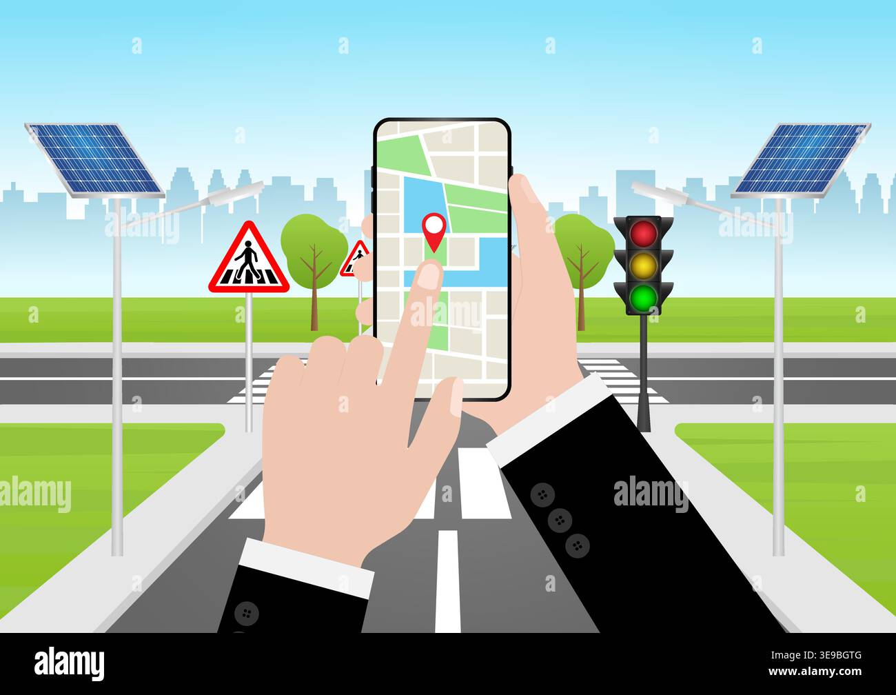 Hand Holding Smartphone with Map Navigation Application. Map GPS Navigation. Vector Illustration. Stock Vector