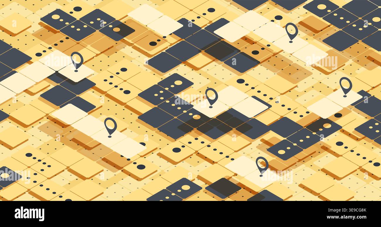 Abstract navigation plan highlights points of interesting on Squares background. Isometric Gps navigation with multiple markers.. Pins on Squares Stock Vector