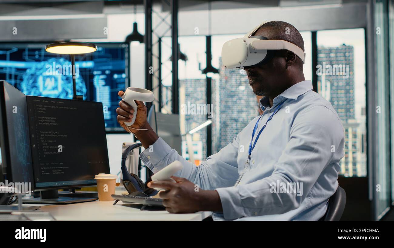 Technician in office using VR headset equipment to accelerate complex AI calculations. IT expert using virtual reality tech to manage machine learning training datasets, camera B Stock Photo