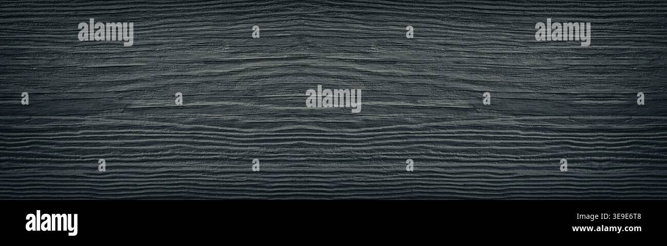 Old cracked black painted solid wooden surface wide texture. Dark gray wood panoramic retro background Stock Photo