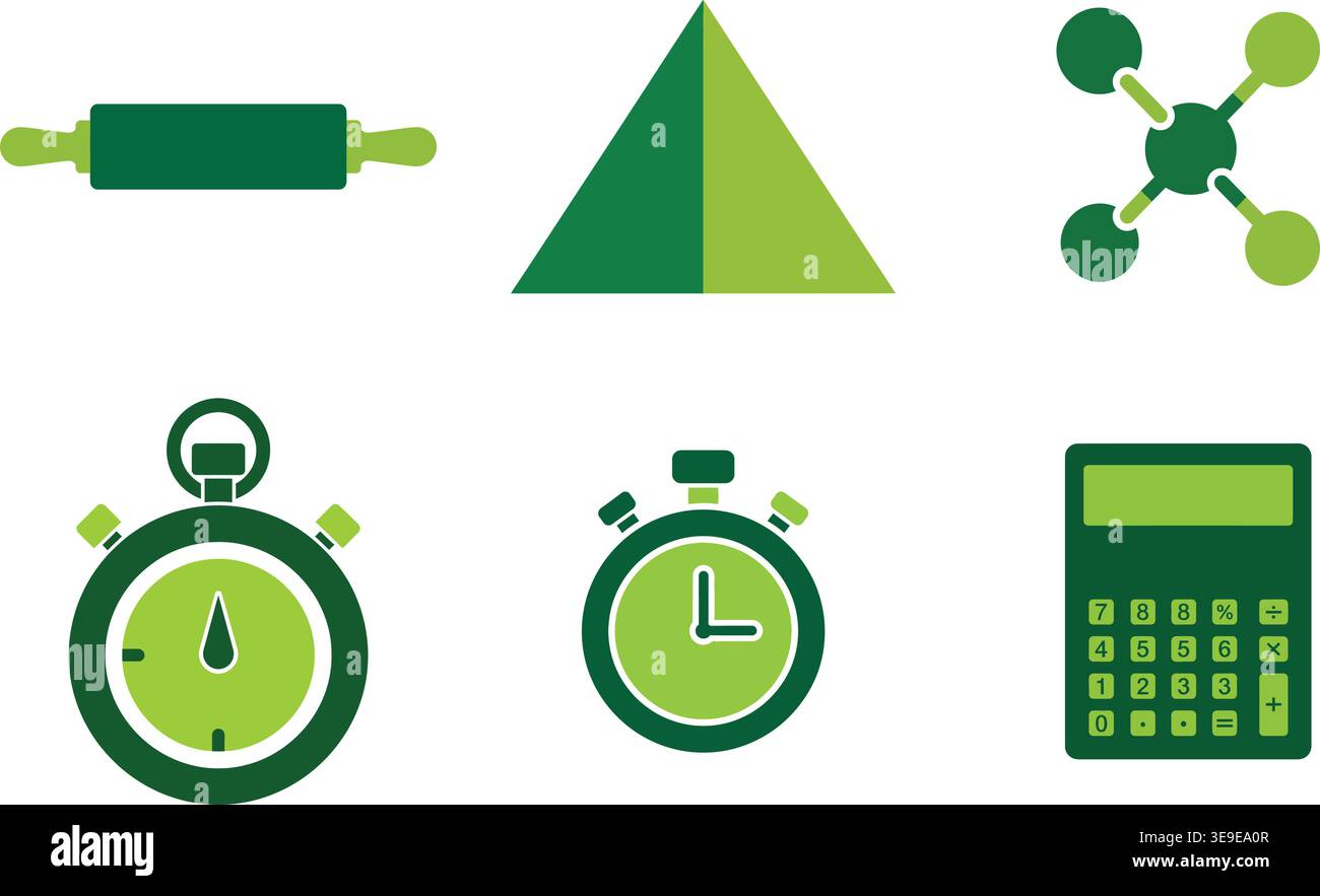 Measurement and Science Vector Icon Set Featuring Stopwatch Calculator and Molecular Structure Stock Vector