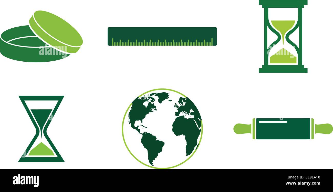 Science and Measurement Vector Icon Set Featuring Globe Hourglass Ruler and Petri Dish Stock Vector