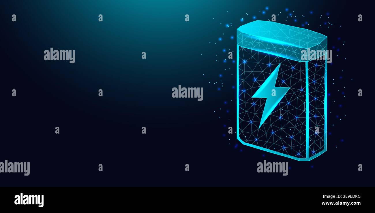 Low poly wireframe digital battery icon with lightning bolt. Stock Vector