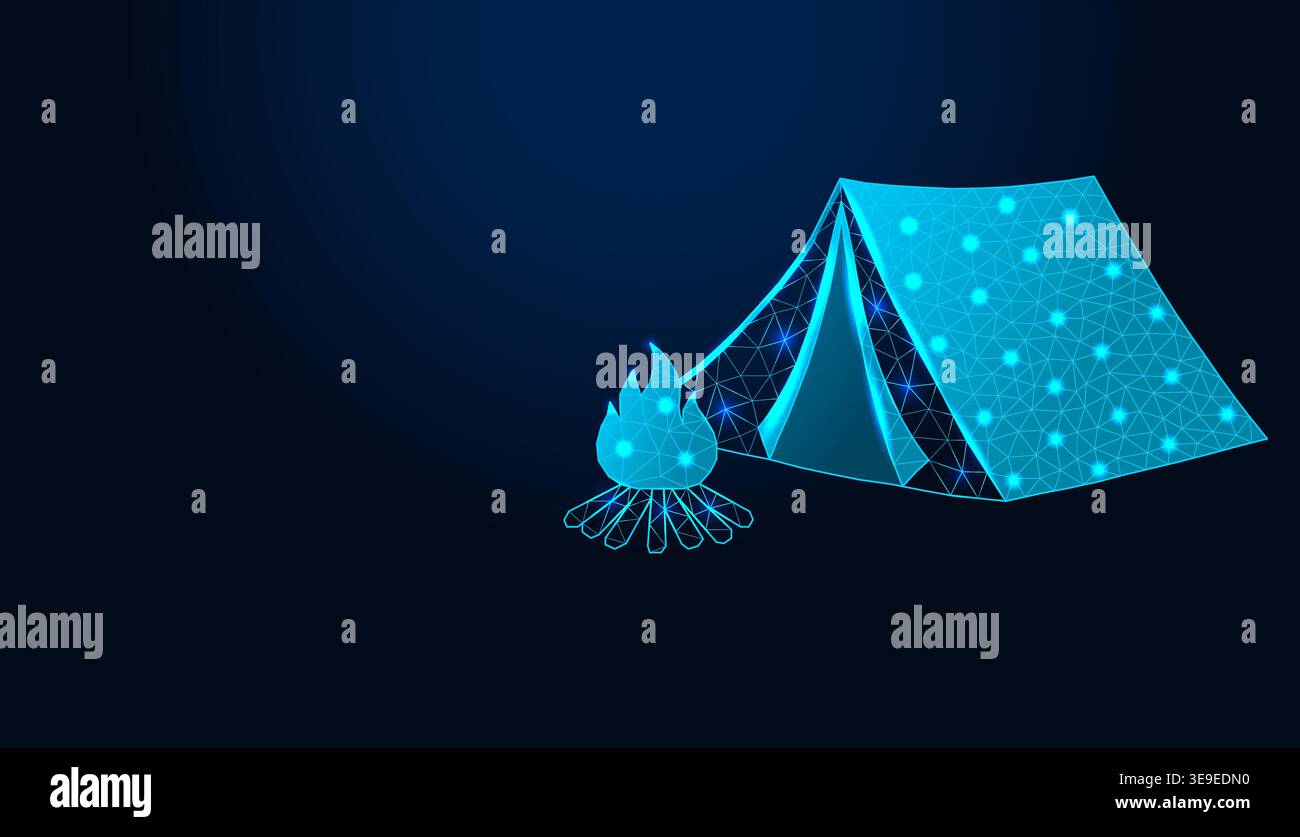 Low poly wireframe camping tent and campfire icon. Stock Vector