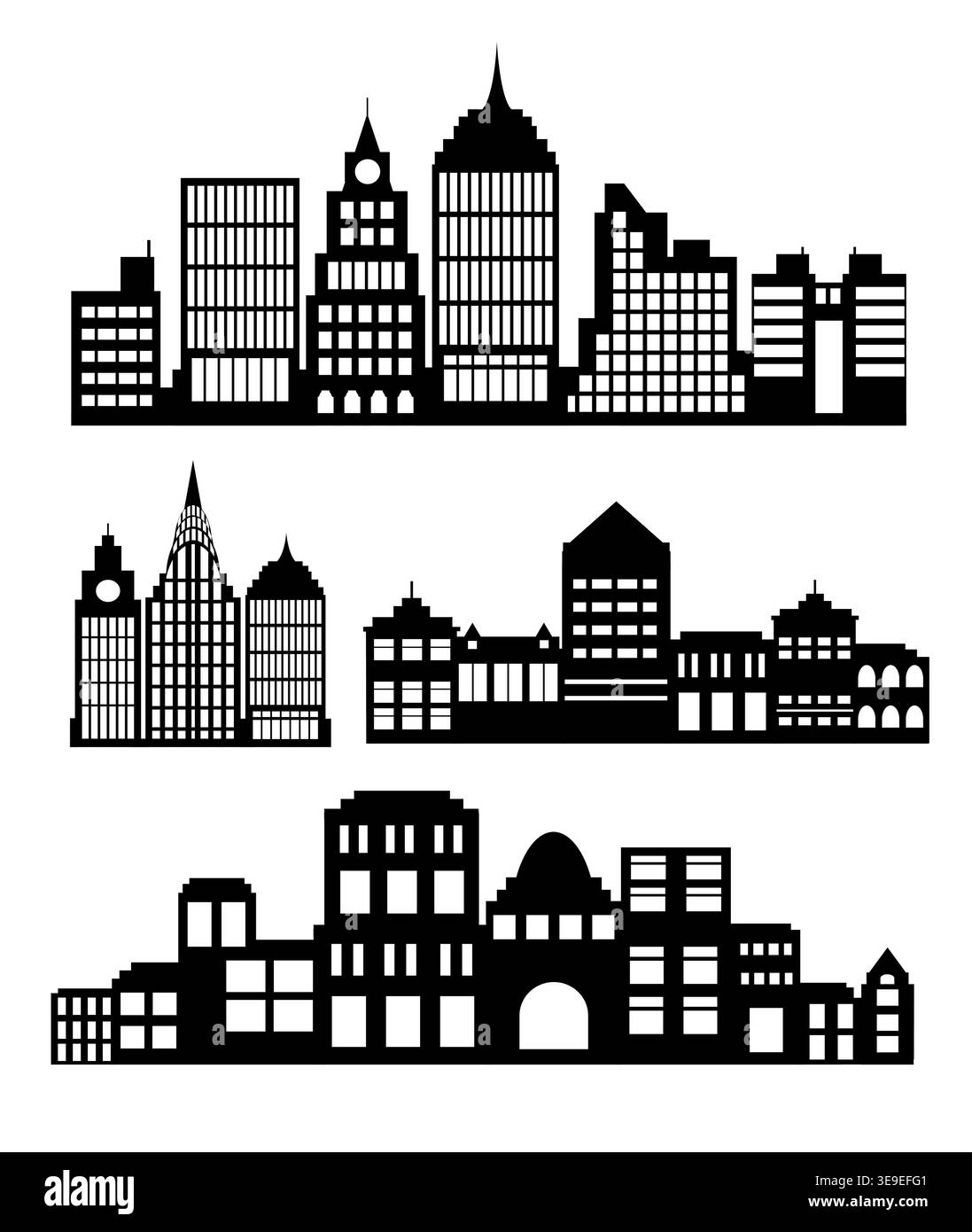 Three different city skylines are depicted in black and white, creating a visually appealing pattern Stock Vector