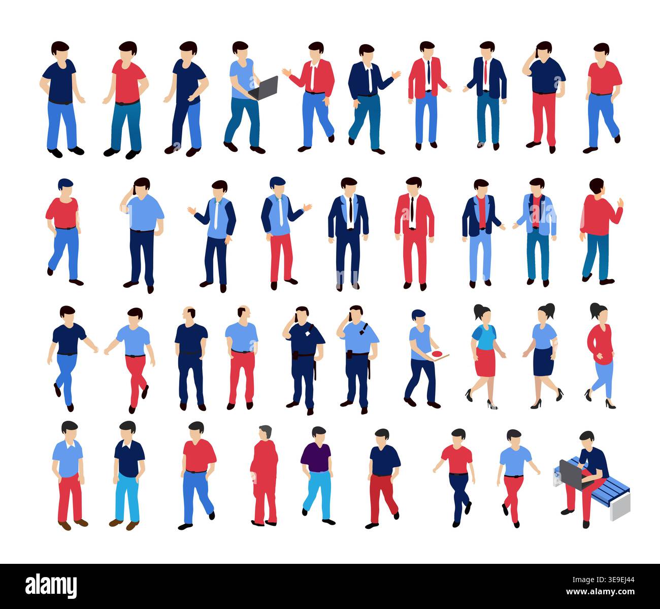 Isometric people set performing various activities, like walking, talking, working and using electronic devices Stock Vector