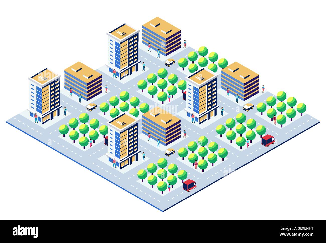 Isometric city center with modern buildings, streets, trees, cars, and ...