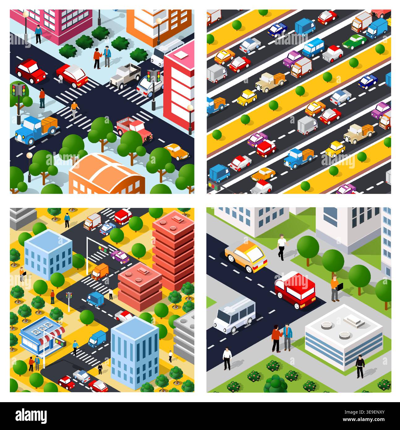 Four seamless patterns featuring a vibrant isometric cityscape with colorful cars navigating roads amid buildings and trees Stock Vector