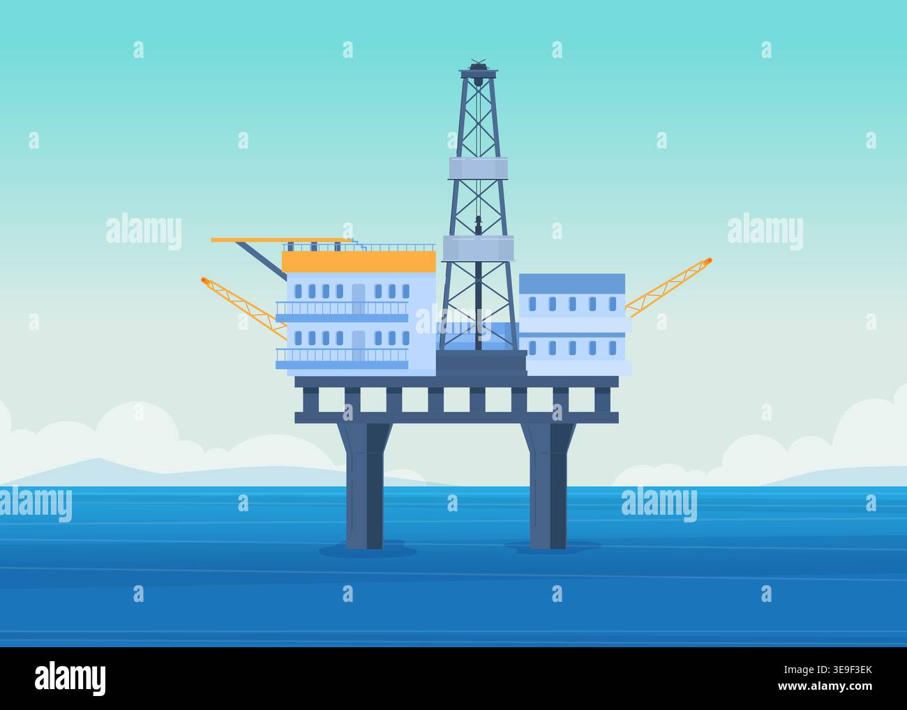 Offshore oil rig platform illustration, light blue background, stylized design, flat vector. Stock Vector