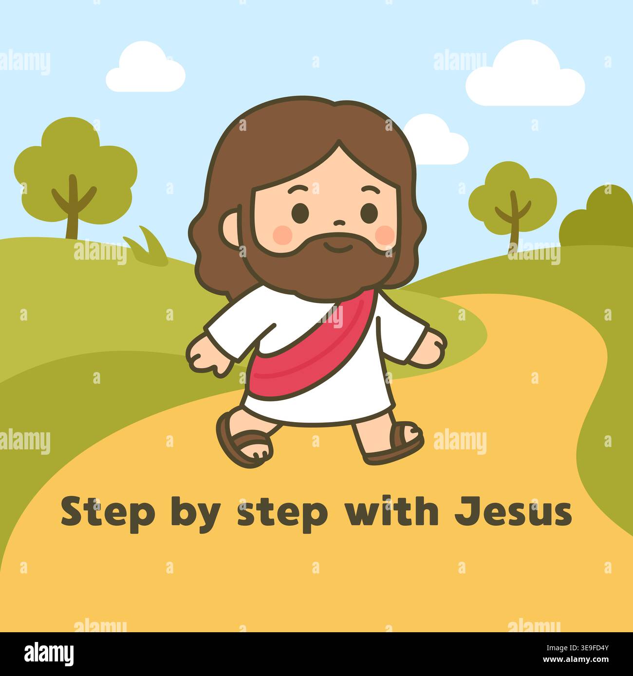 Cartoon Jesus Walking Step by Step on a Path through the Countryside ...