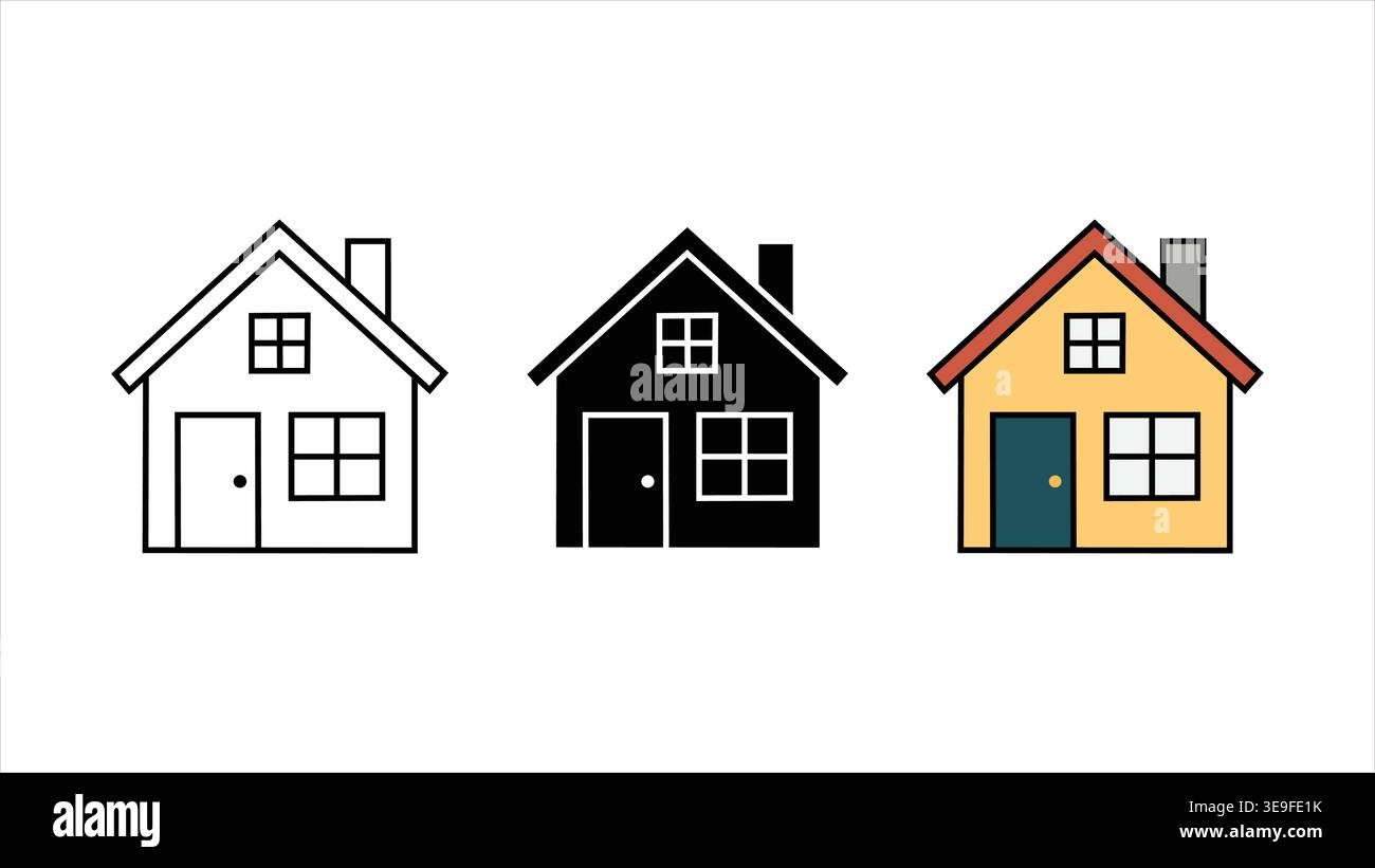 Three stylized house icons in outline solid and colorful flat design ...