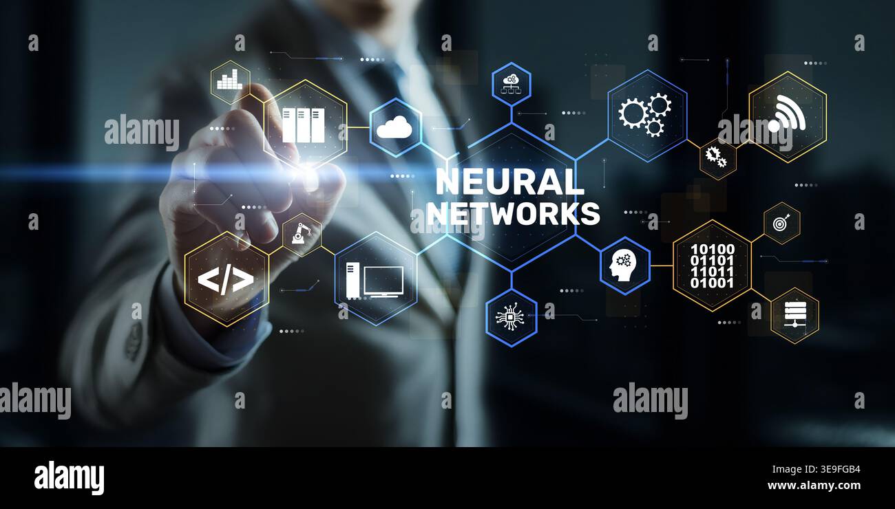 Neural Networks Artificial Intelligence System with Machine Learning Data Processing Algorithms and Intelligent Digital Computing Infrastructure. Stock Photo