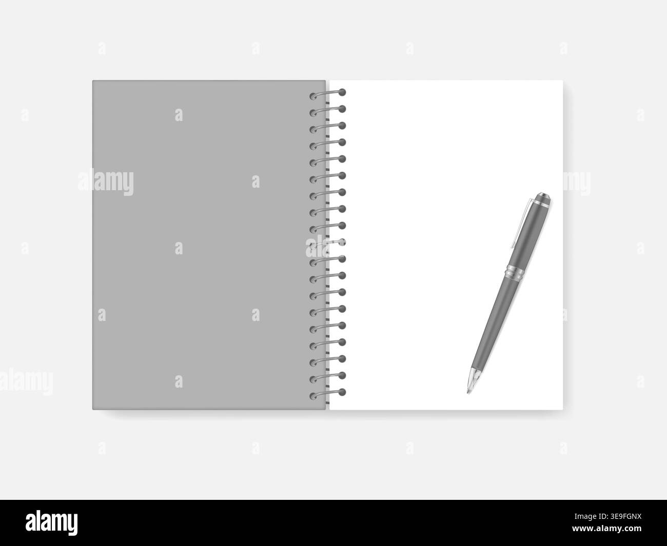Open spiral A4 notebook with ballpoint pen, realistic vector mock-up. Wire bound blank note book: white page and gray cover, template Stock Vector