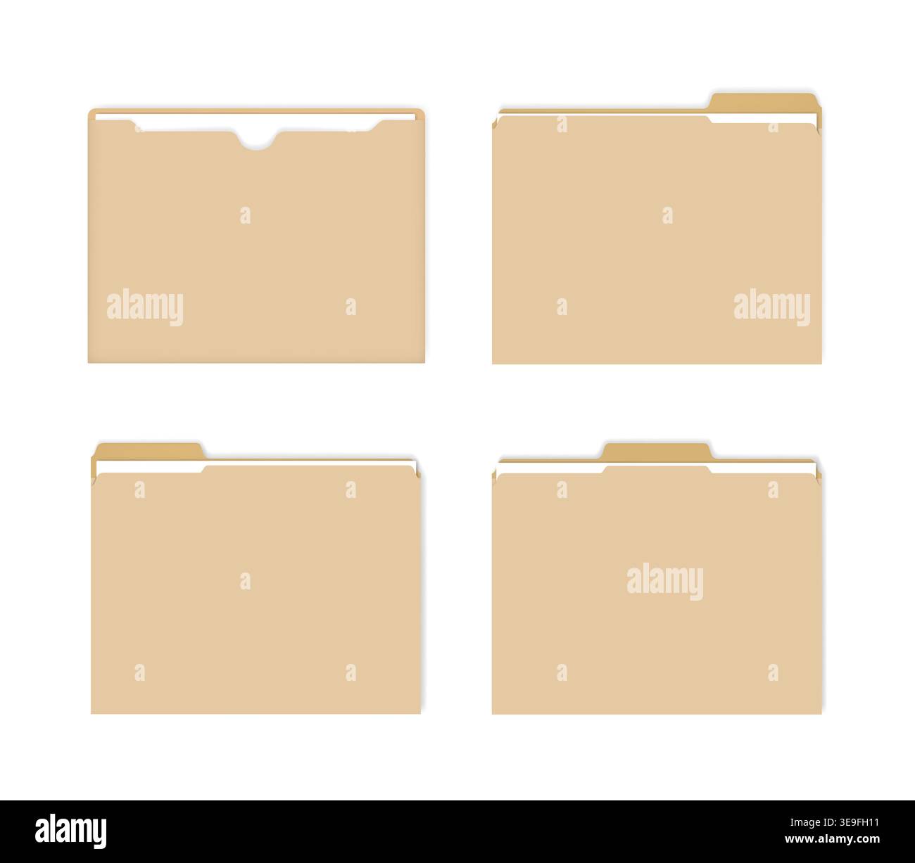 File jackets with various tabs, vector mockup set. Flat document envelope with paper sheets inside, mock-up Stock Vector