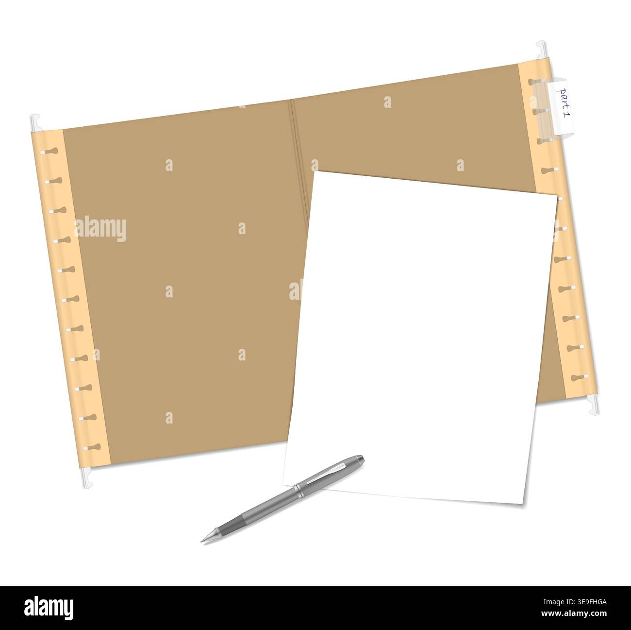Open hanging folder with plastic tab and label insert, paper sheet and pen, vector illustration. Office stationery. Vector mock-up Stock Vector
