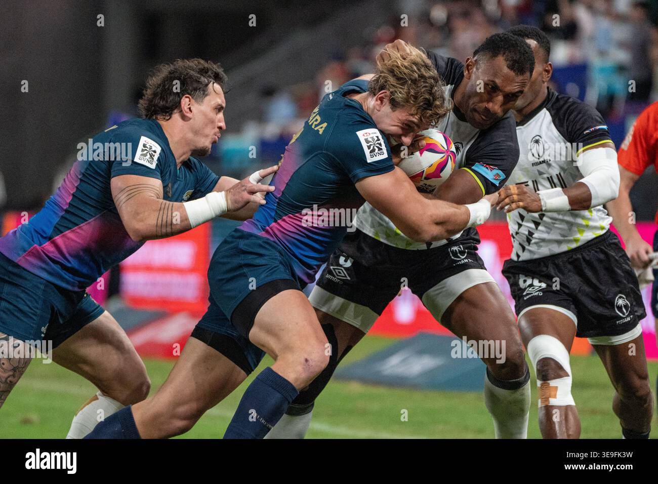 Players from Team Fiji and Team Argentina during a men’s rugby game ...