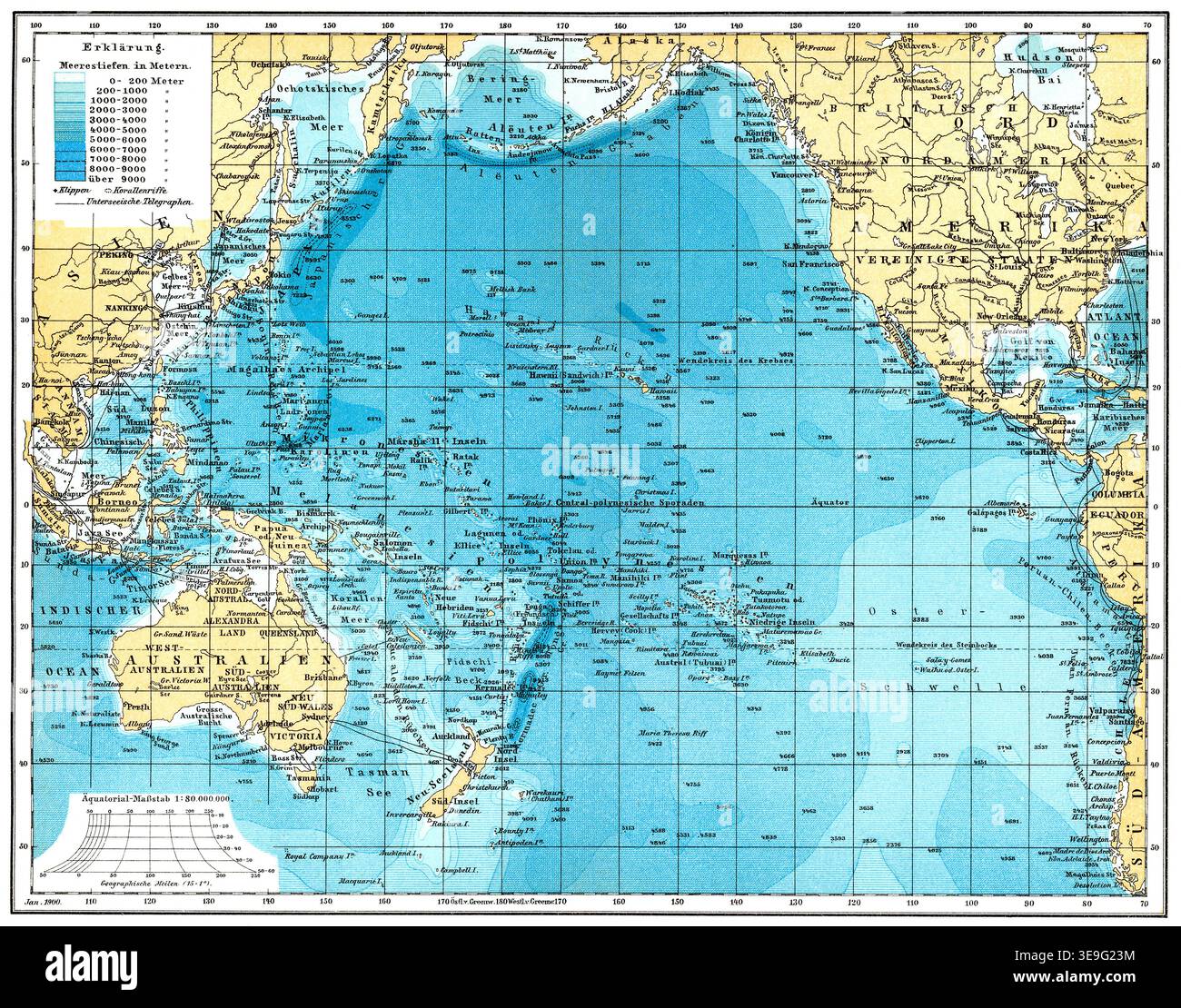 Map of the Pacific Ocean, from the American continent to Asia ...