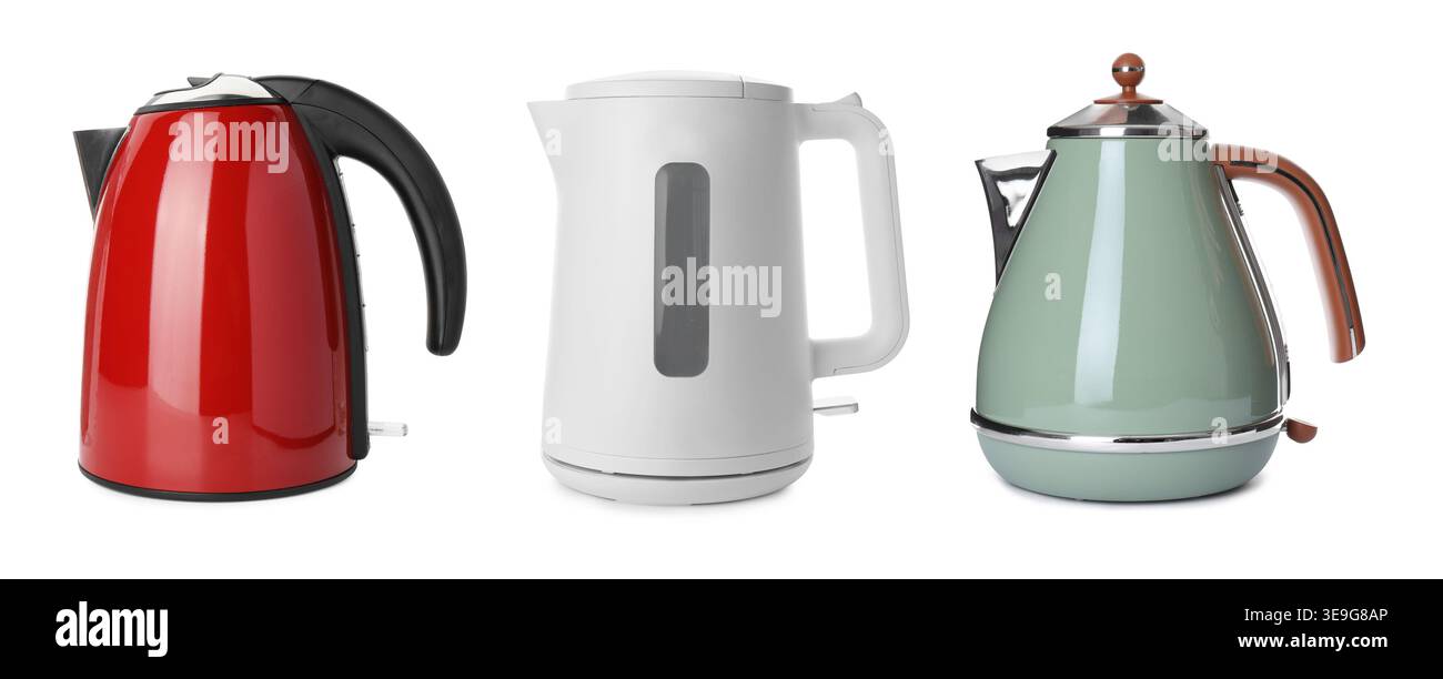 Different electric kettles isolated on white, set Stock Photo