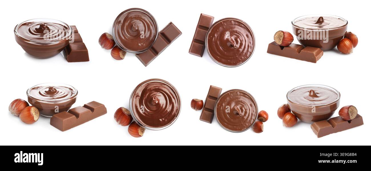 Chocolate paste in bowl isolated on white, set Stock Photo