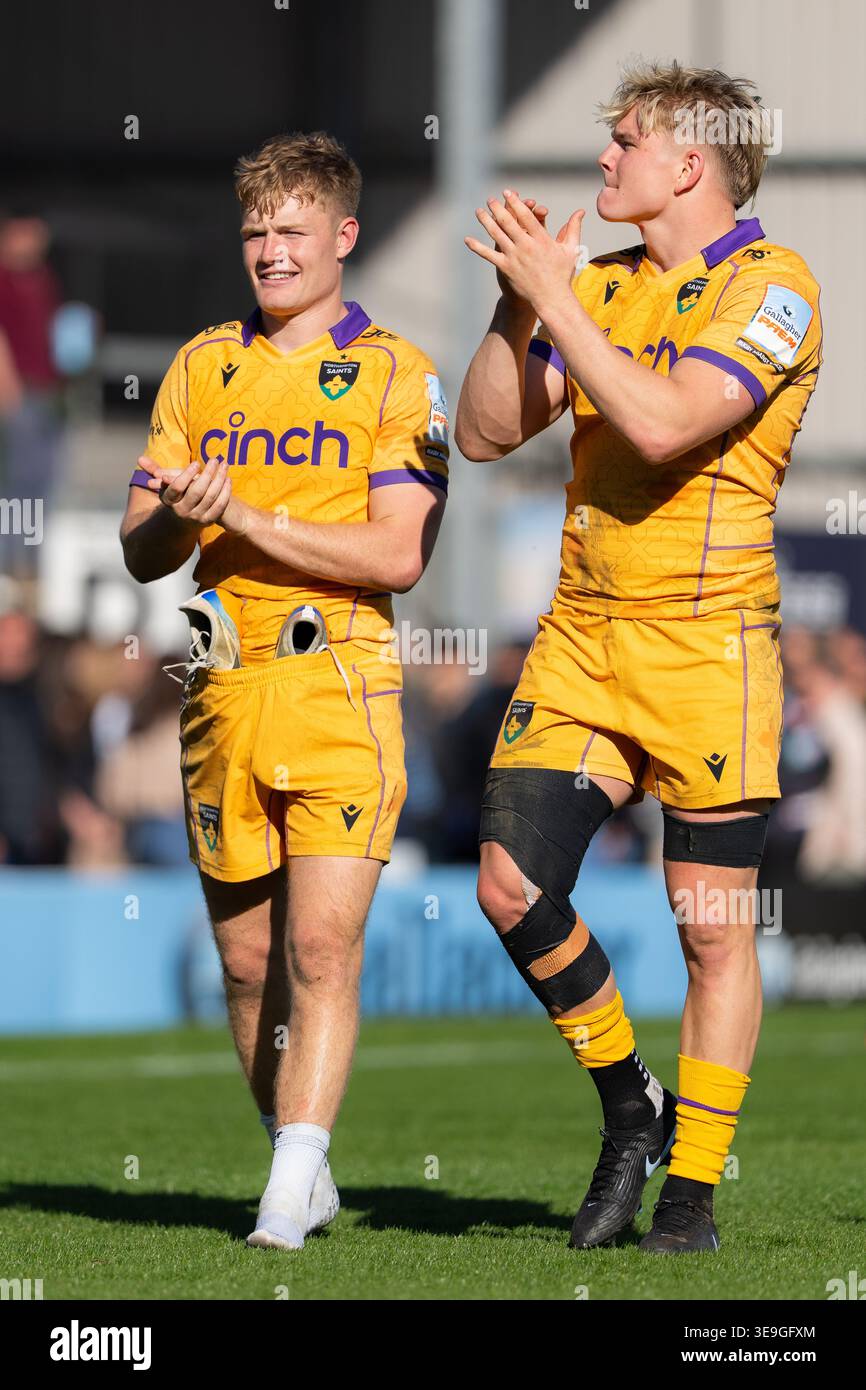 Exeter, England, UK, 18 April 2026. Fin Smith (left) and Henry Pollock ...