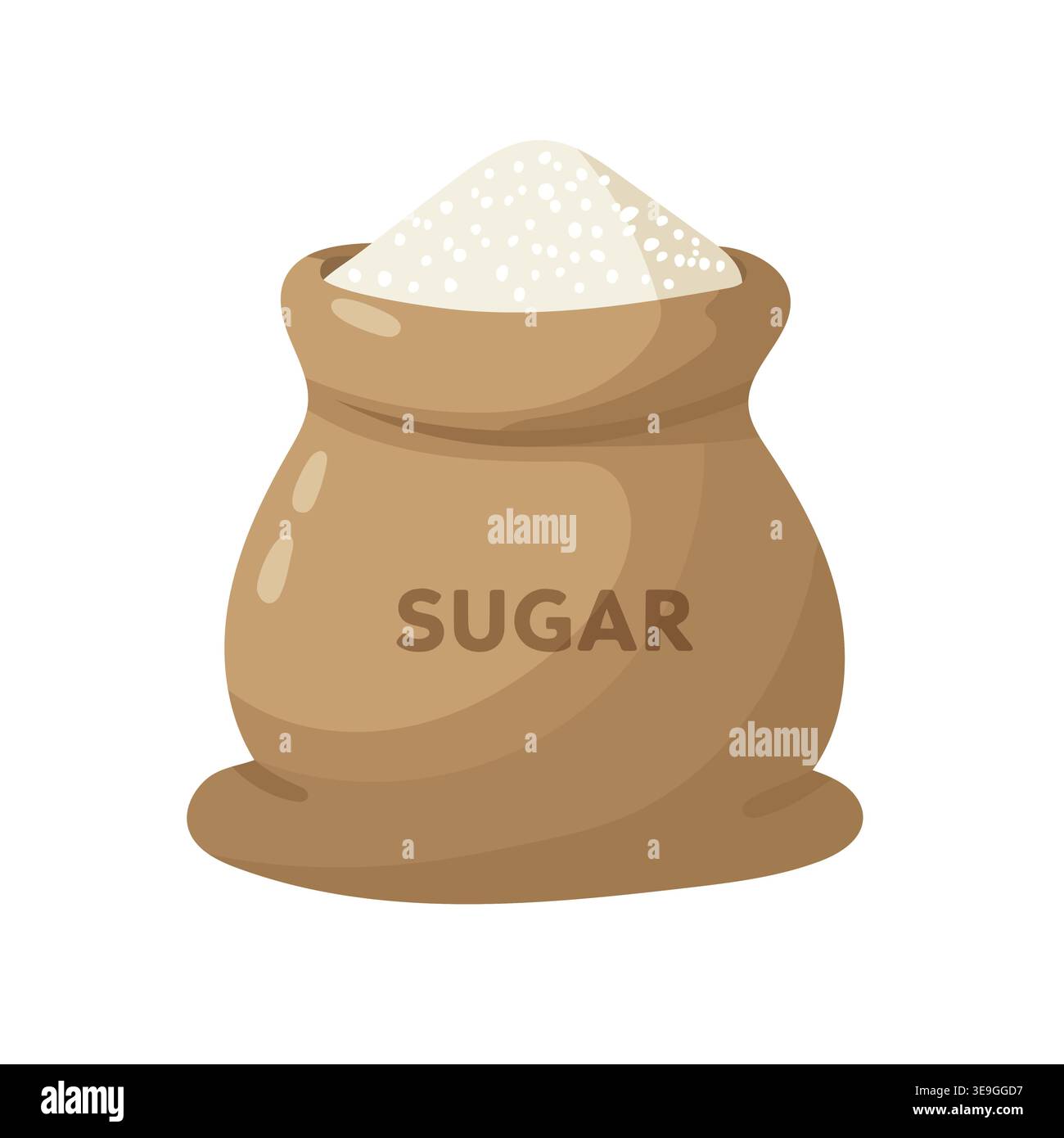 Brown sack of sugar with white granules, flat vector illustration, organic sweet product packaging, food ingredient icon isolated on white background Stock Vector