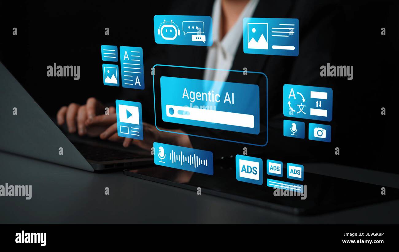 Futuristic Concept of Artificial Intelligence Interaction with Digital Interface and Data Visualization in Dark Environment Gluon. Stock Photo