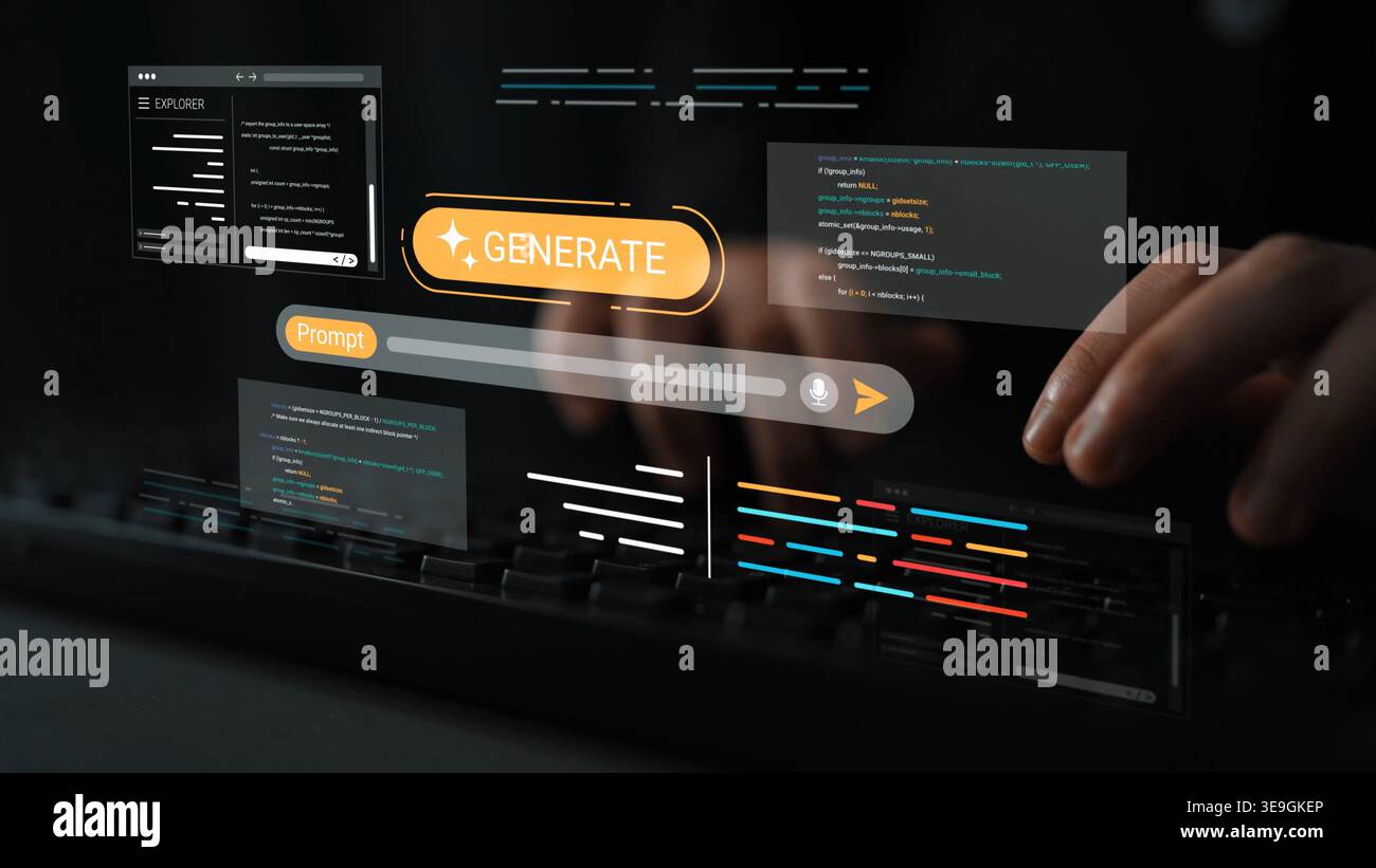 Hands Typing on Keyboard with Digital Interface Displaying Code and Generator Feature in a Modern Tech Environment Gluon. Stock Photo