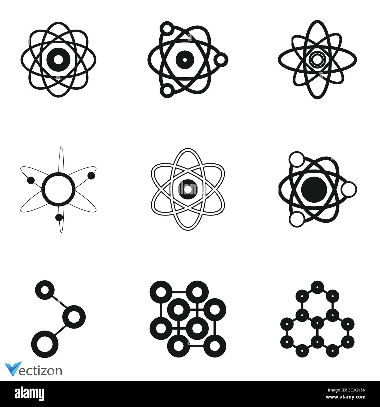 React and Atom Logos Alongside Nuclear and Ion Vectors in Black and White Stock Vector