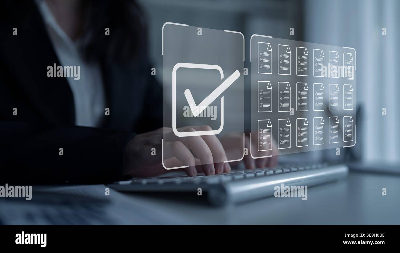 Task management concept illustrating digital checklist, document organization, and workflow tracking for project planning and productivity. Parse Stock Photo