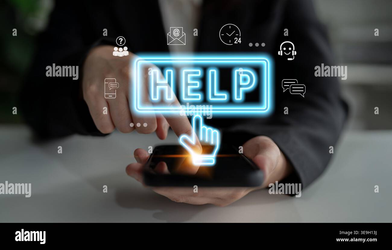 Digital customer support system provides quick assistance, real-time chat, and communication solutions, improving service efficiency, response time Stock Photo
