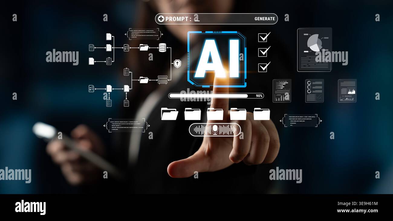 Futuristic Interface Featuring AI Technology with User Interaction and Data Visualization Elements in a Digital Environment Quark. Stock Photo